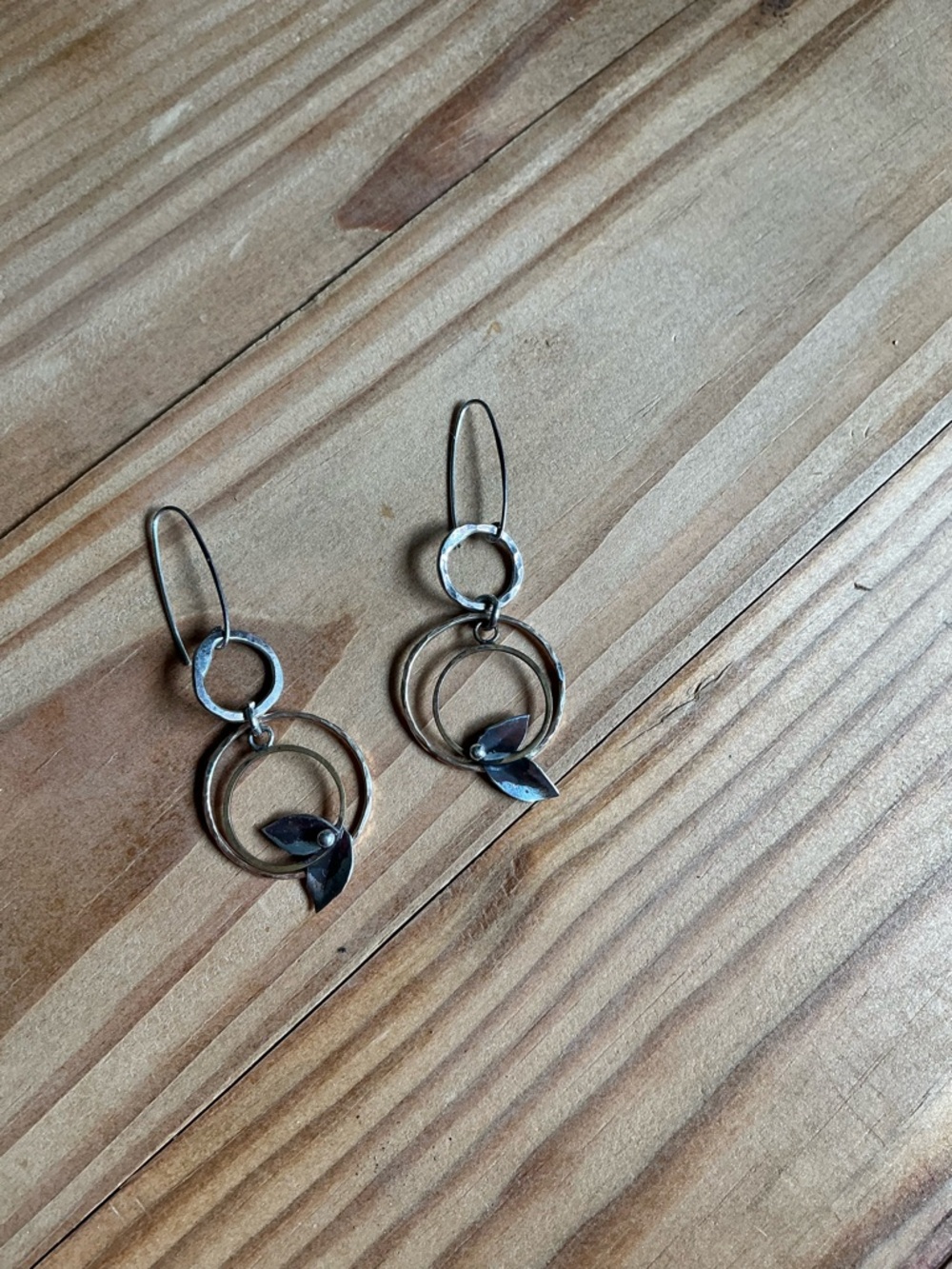 Handmade Sterling Silver and brass Leaf Hoop Drop Earrings - Silver